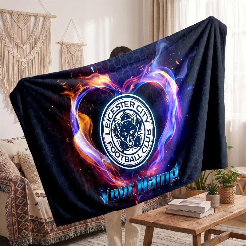 Leicester City Personalized Fleece Blanket With Football Logo, Custom Name Text Soft Warm Home Throw Blanket