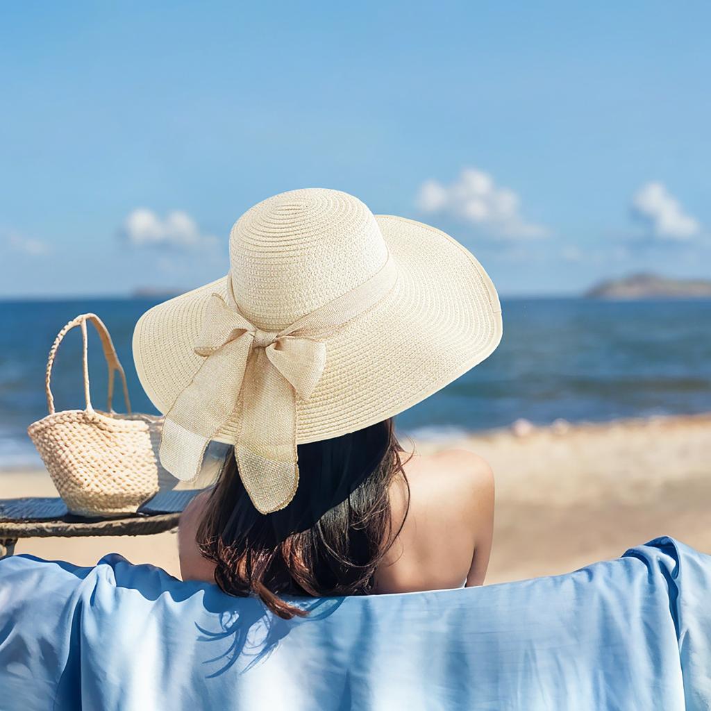 Seaside Resort Straw Hat Women's Big Brim Sun Protection Hat Foldable Bow Beach Hat UV Protection Hat Versatile Versatile