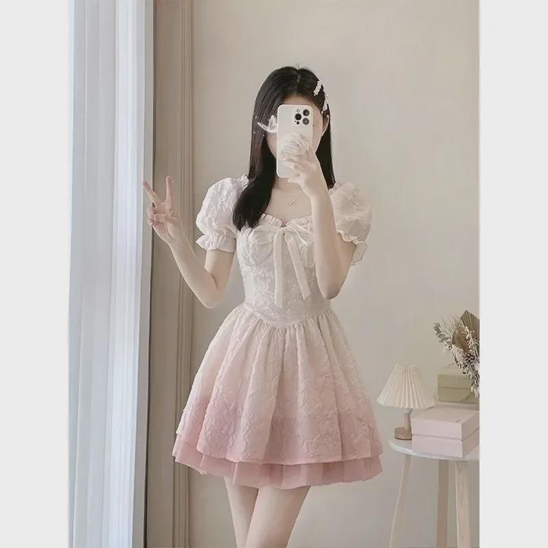 2025 Sweet Gradient Princess Puffy Dress - French Summer Style, Slim Waist