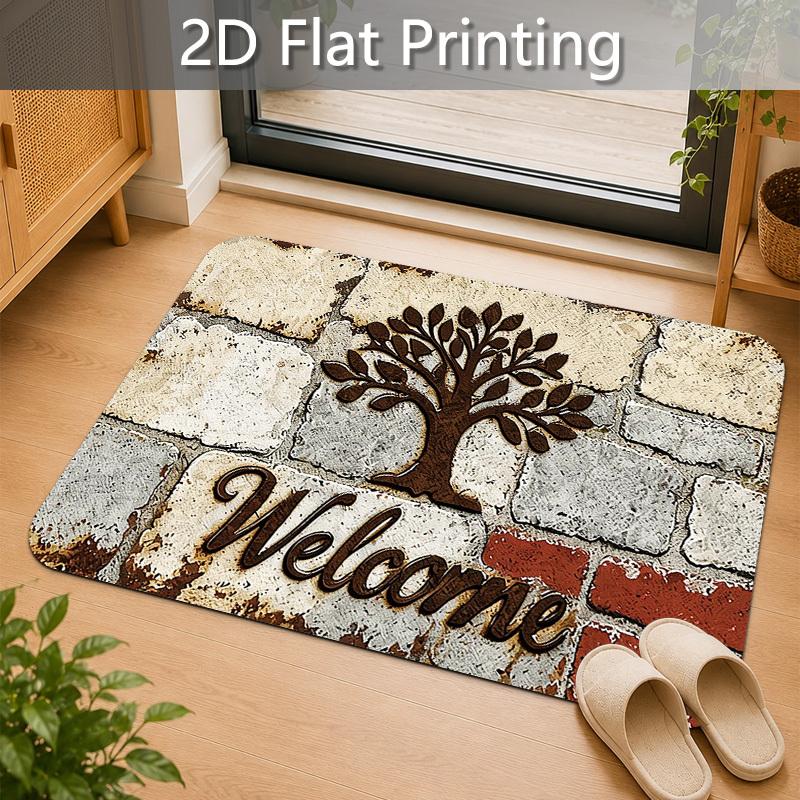 1pc Retro Brick Wall Tree of Life Welcome Text Printed Front Door Welcome Mat, Non-Slip And Machine Washable Large Size Door Mat, Indoor/Outdoor Flann