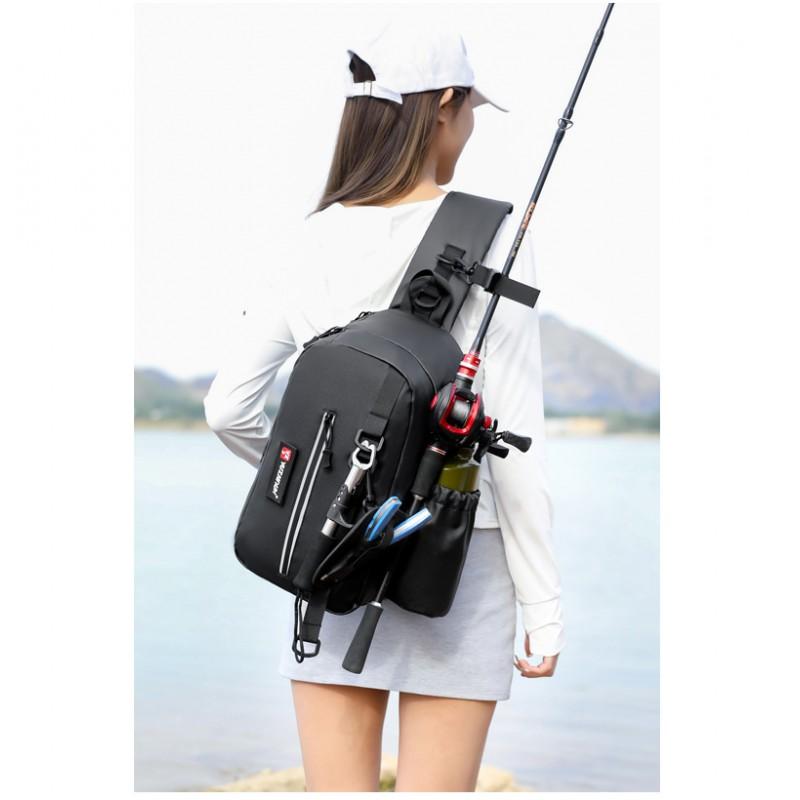 Multi-Compartment Fishing Tackle Bag With Waterproof PVC Construction Adjustable Shoulder Strap Spinning Rods Lures Lines