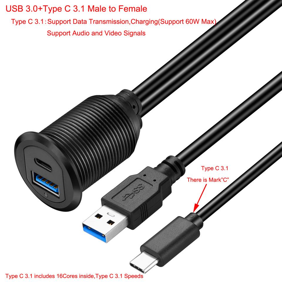 Bochara USB3.0+Type C 3.1 3.0 Male to Female Extension Cable Flush Mount Panel Dashboard Aluminum Alloy With Indicator