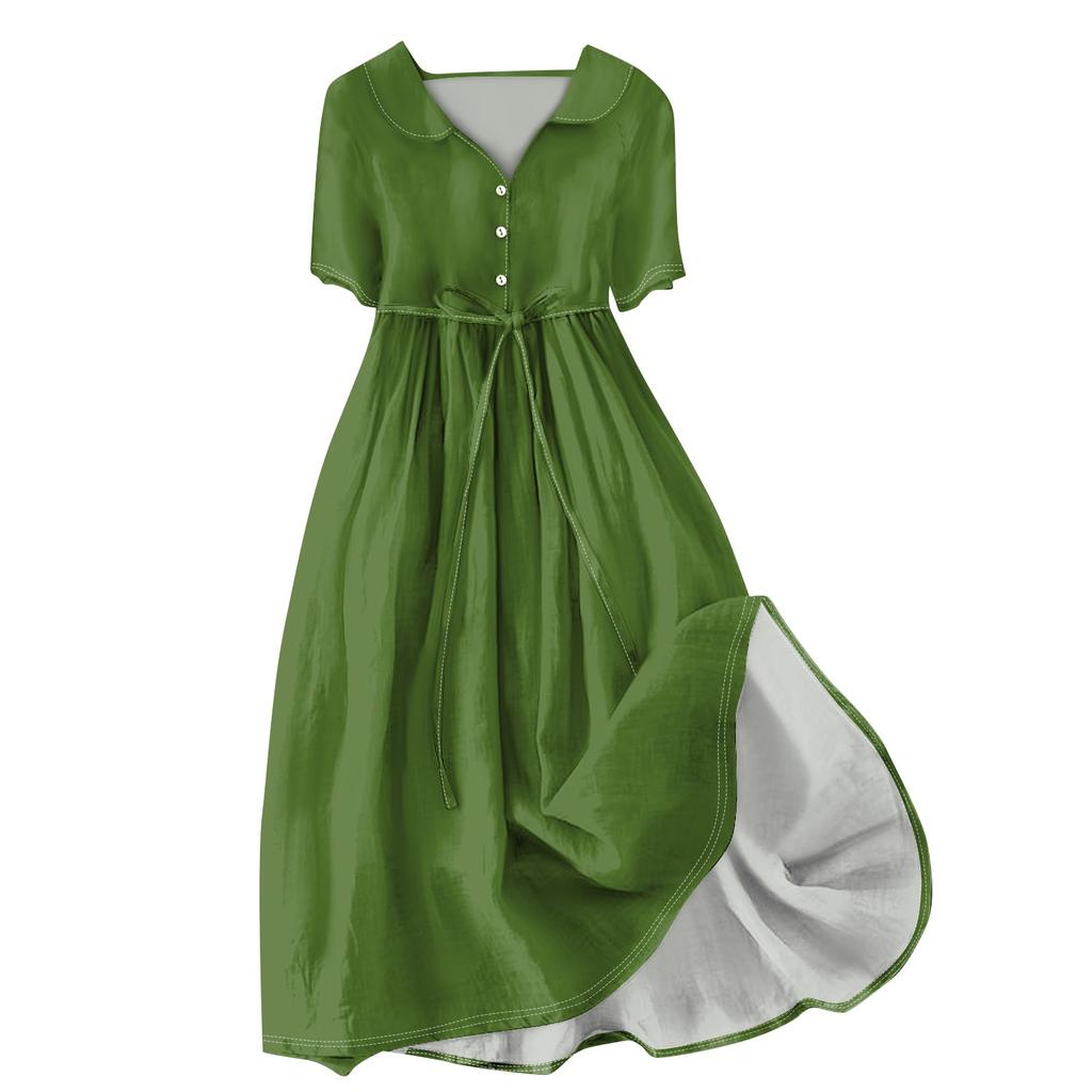Женская мода сплошной цвет воротник с лацканами пуговицы с коротким рукавом одежда ремни платье