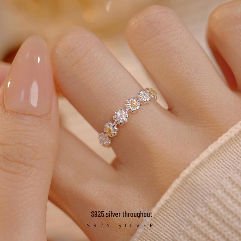 Кольцо Banyan Tree S925 Silver Zircon Flower Open Ring - Sweet Temperament Pastoral Design