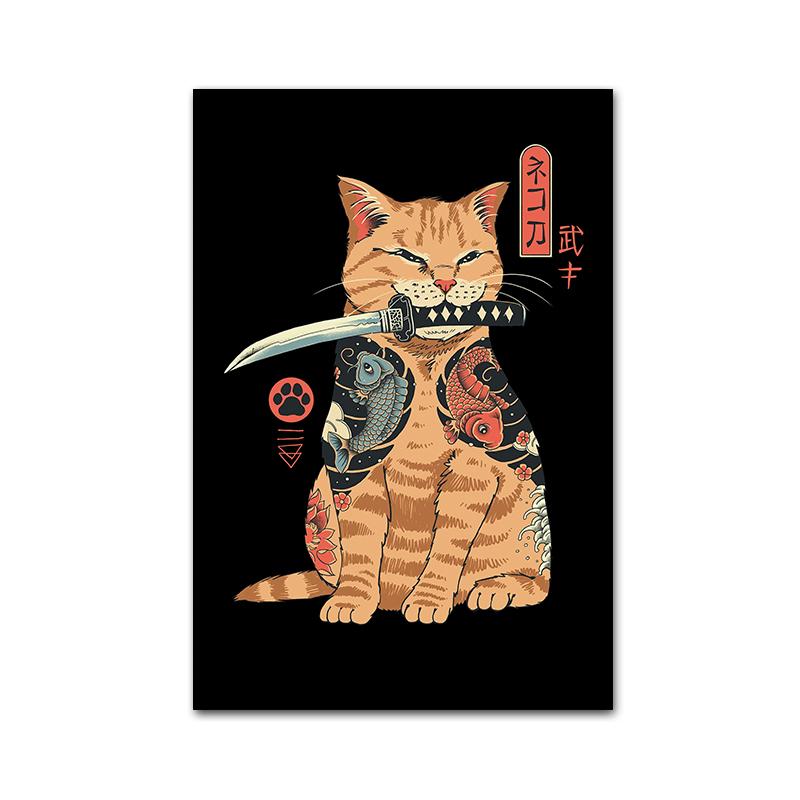 Забавный японский плакат с изображением самурая и кота, холст, живопись, классические суши и кошки, настенные художественные фотографии для гостиной, украшения дома