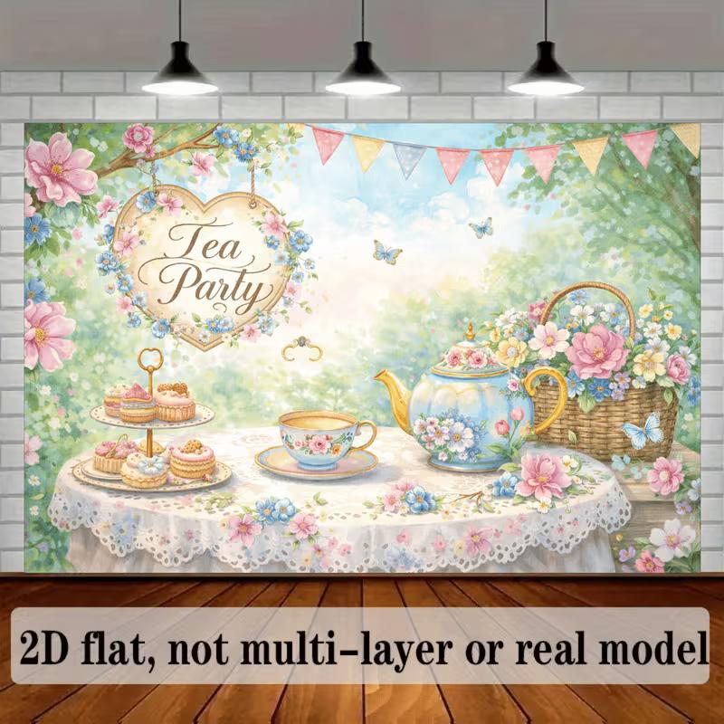 2D Vintage Tea Party Banner, Watercolor Garden Floral Tea Cup Photo Booth Background