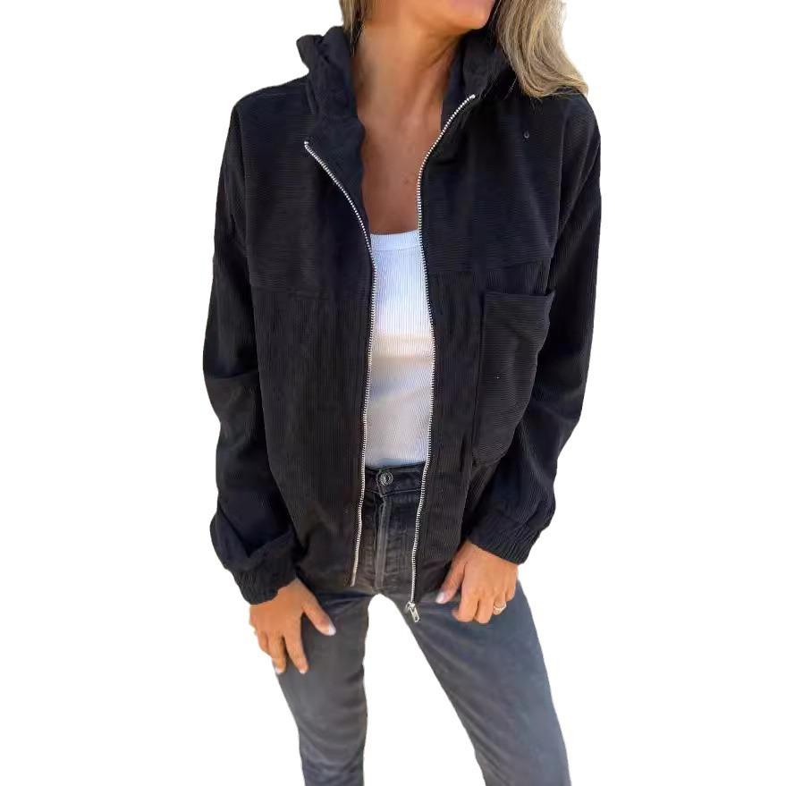 Women's Solid Color Hooded Corduroy Jacket, New Autumn Simple Style Zip Up Casual Coat With Pocket, Relaxed Fit Versatile Daily Wear Ladies Outerwear