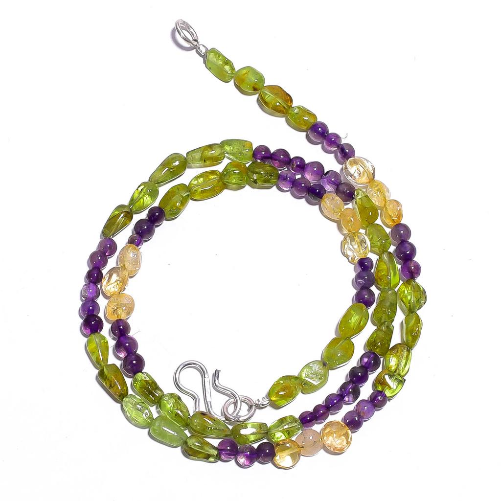 Natural Amethyst Citrine Peridot Gemstone Smooth Beads Necklace 17" UB-4465 UB-4465