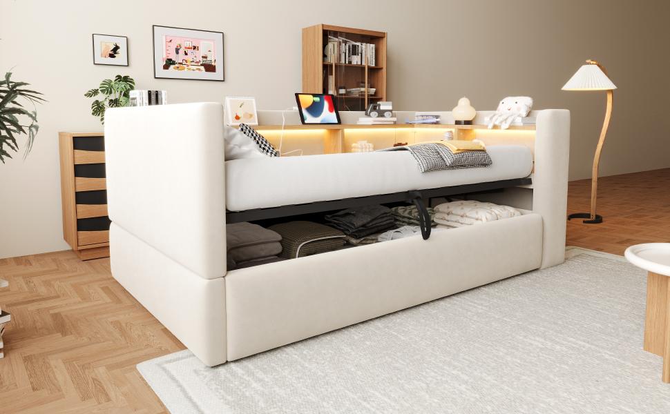 Upholstered Bed Hydraulic Sofa Bed 90*190cm, Equipped with LED Lights, Outlets and Many Storage Compartments, Multifunctional, Single Bed, Beige