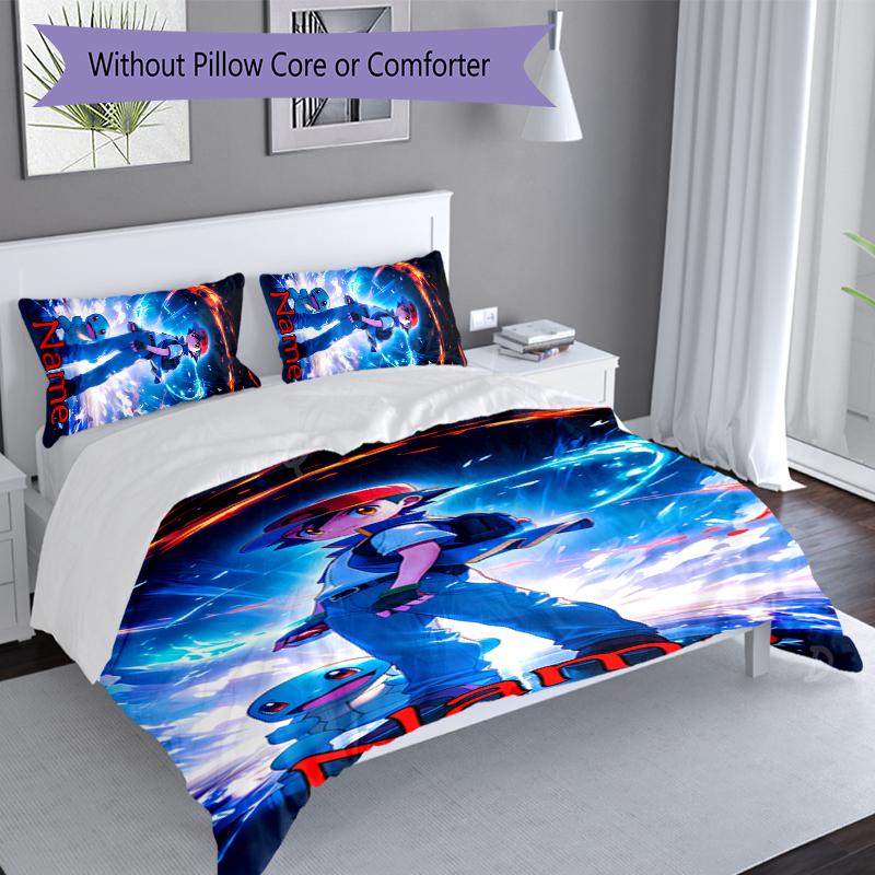 3pcs Custom Name Pokémon Pikachu Bedding Set,Includes 1 Duvet Cover and 2 Pillowcases,All-season Bedroom Decor