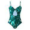 Ретро-зеленый купальник с принтом, вырезом, цельный купальник-бикини, прикрытый юбкой, обтягивающий женский летний пляжный купальник
