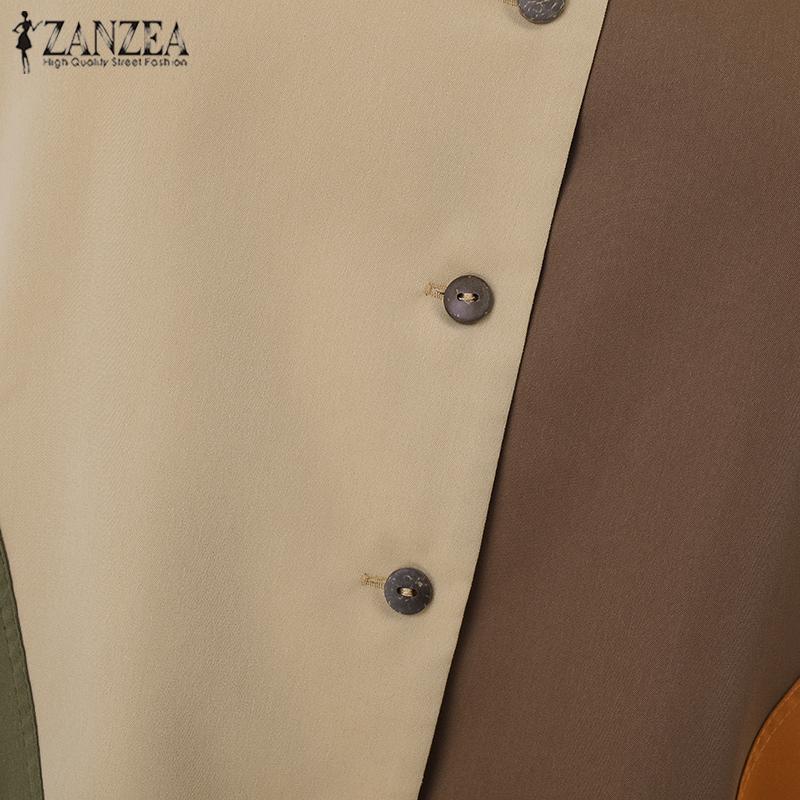 ZANZEA Женские осенние рубашки с круглым вырезом и длинным рукавом, контрастного цвета