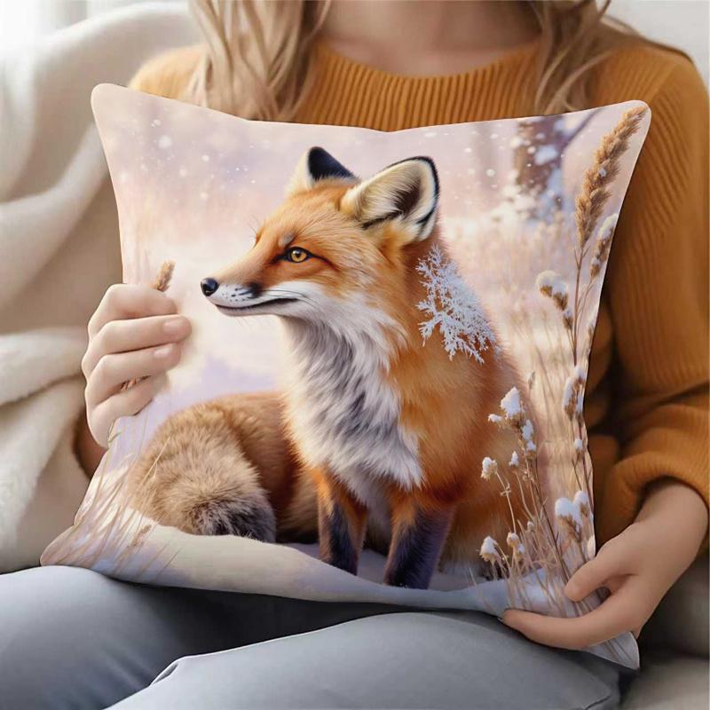 1pc Winter Snow Fox Cushion Cover with Red Fox Pattern - Soft Zipper Closure Pillowcase Suitable for Sofa Bed Decor, Cozy Animal-Themed Throw Cover fo