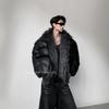 American Retro Fake Two-Piece Large Fur Collar Leather Jacket Cotton Coat Men'S Winter Thickened High-End Warm Jacket Men