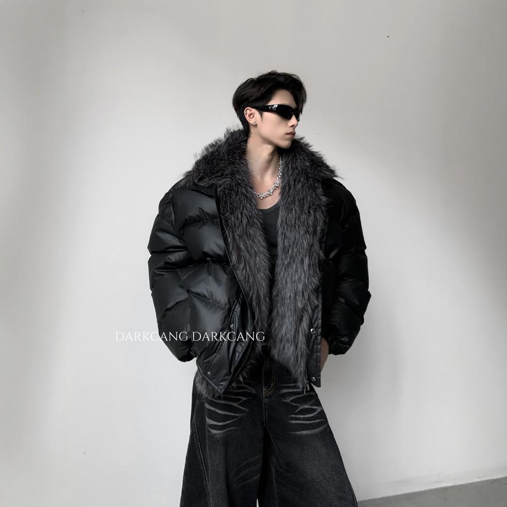 American Retro Fake Two-Piece Large Fur Collar Leather Jacket Cotton Coat Men'S Winter Thickened High-End Warm Jacket Men