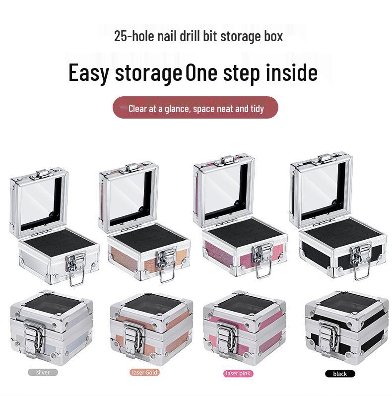 Nail Art High-End 25-Hole Grinding Head Organizer with Portable Aluminum Box