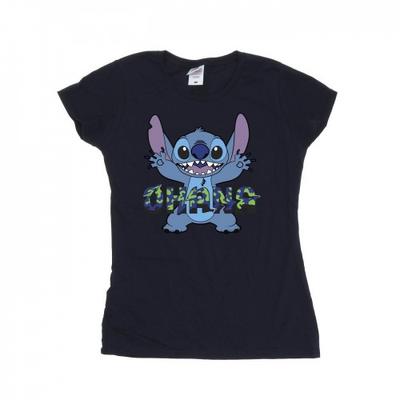 Женская/женская хлопковая футболка Lilo And Stitch Ohana синего цвета с глитчем