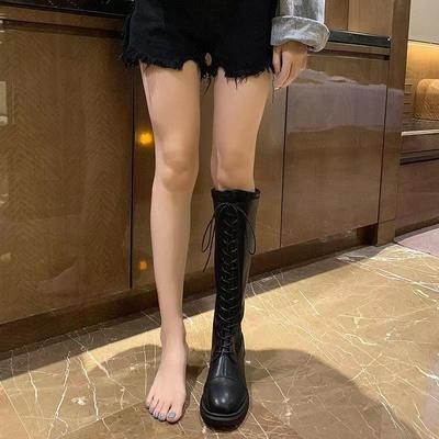 Рыцарские сапоги длинные сапоги женские 21 осень и зима новые универсальные эластичные тонкие сапоги на шнуровке высокие сапоги на плоской подошве ботфорты