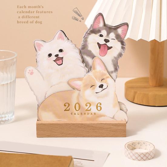 2026 Small Desk Calendar with Wooden Base Cute Dog Cat Patterns Monthly Planner
