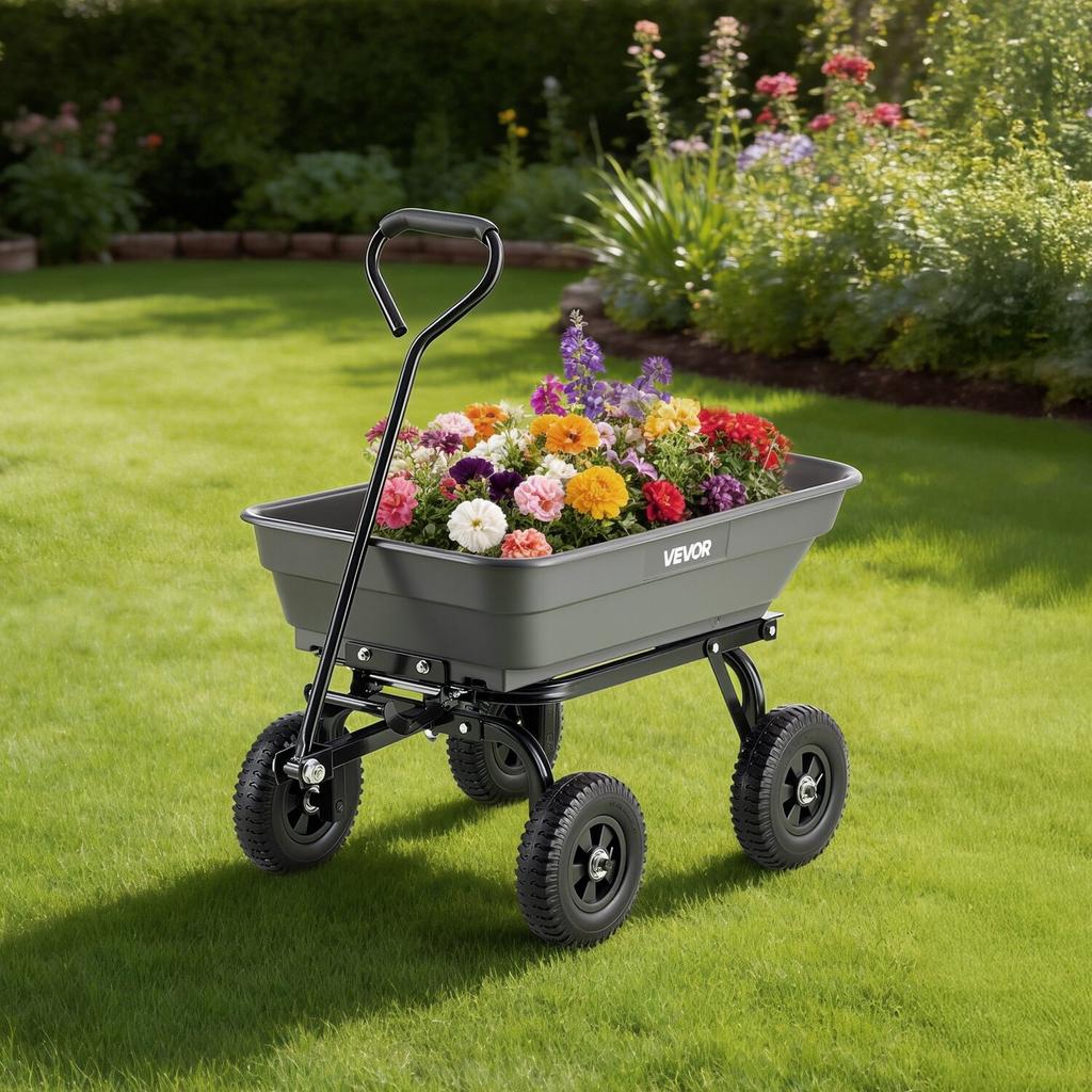 Garden Dump Cart, 181 kg Poly Dump Cart, Garden Carts Dumps Wagon with 90° Quick-Dumps Mechanism, 180° Swivel Wheels, 270° Flexible Rotating Bearings,