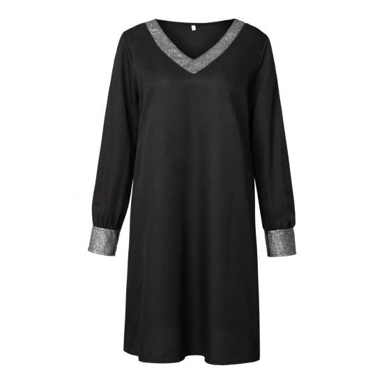 Женское платье с V-образным вырезом и открытыми плечами, блестящая сетка с пайетками в тон, длина выше колена, свободный пуловер, лоскутное женское мини-платье для поездок на работу