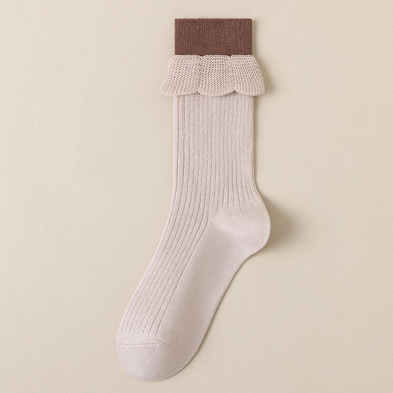 Носки женские весна и осень, хлопковые носки средней длины с двойным рубчиком, осенние и зимние носки с ворсом Yuezi и широким носком