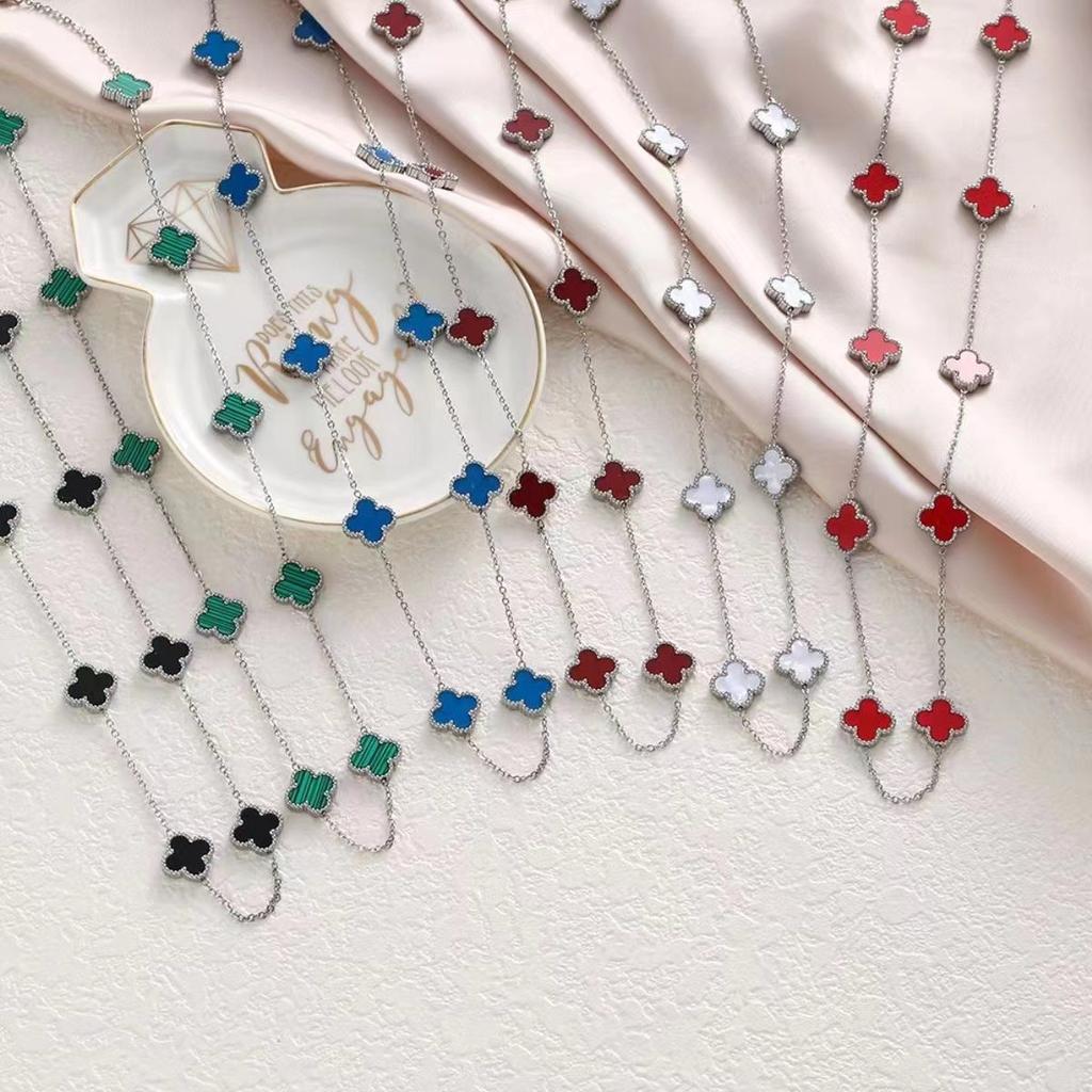 Ожерелье-цепочка на ключицу «Четырехлистный клевер» и «Десятицветник» стального цвета, модное и не выцветающее ожерелье для женщин