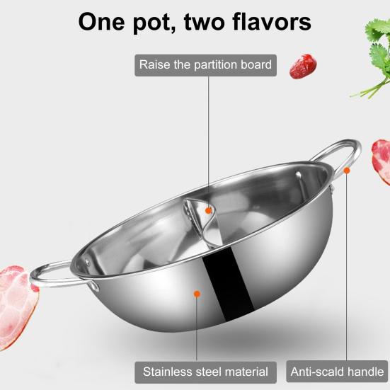 Double Flavor Hot Pot Stainless Steel Split Hot Pot with Anti-Scald Handles Chinese Induction Shabu Hot Pot for Kitchen Stove