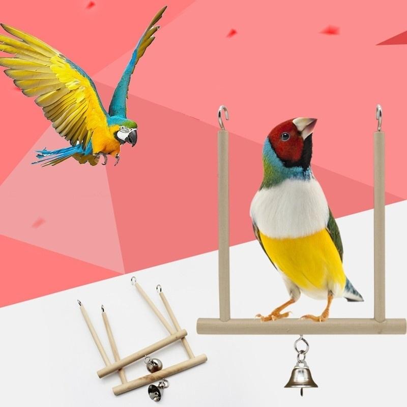 Bird Perch Parrot Play Toys Stand Holder Natural Wooden Swing Bell Cage Hanging