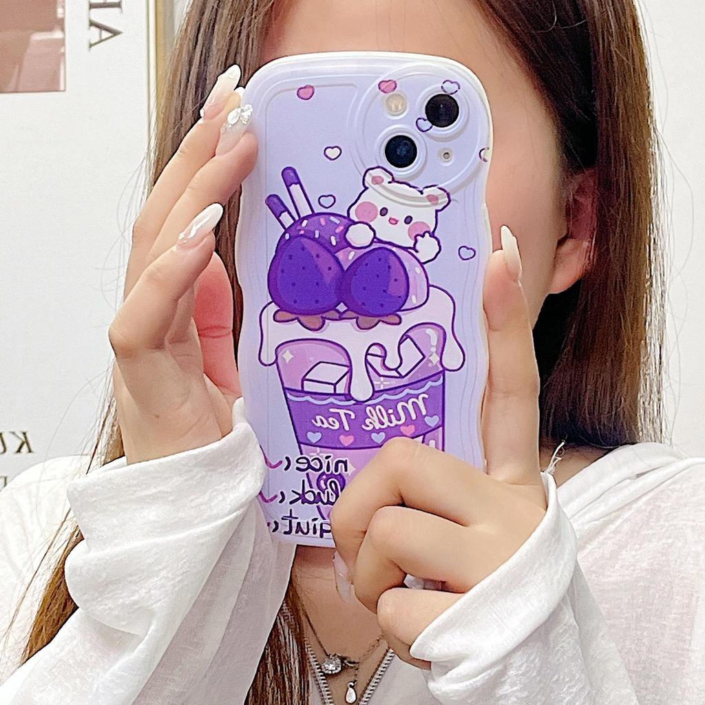 Wave Edge Silicone Case for Oppo A58 A78 A38 Samsung A54 A34 A24 A14 iPhone 15 14 Redmi Note 12 11 10 Infinix Note 30 Funda Milk Tea Bear Bunny Cover