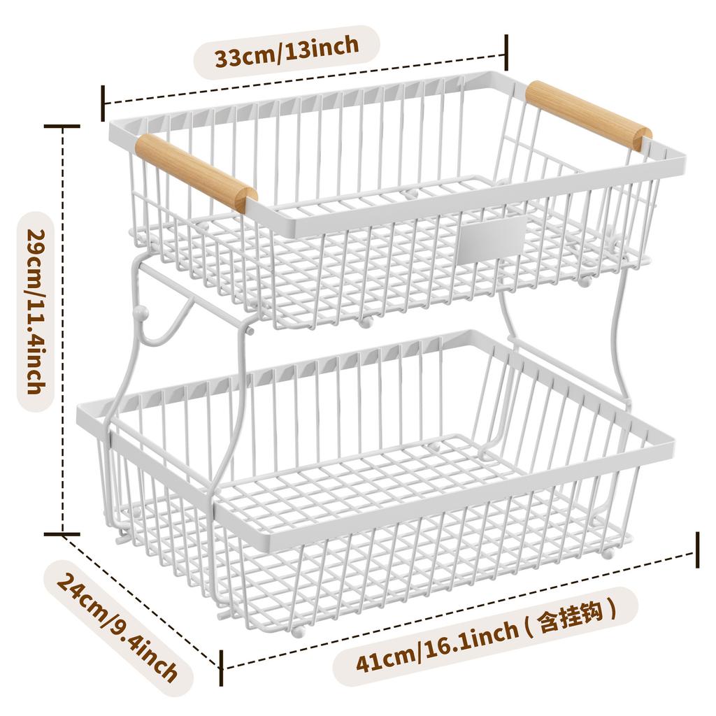 Nordic vegetable and fruit basket double-layer wooden hand basket removable storage basket kitchen countertop hanging banana fruit storage rack
