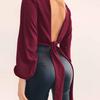 Color Women Solid Long Sleeves Backless Bandage Blouse Cross Loose Tops Bow