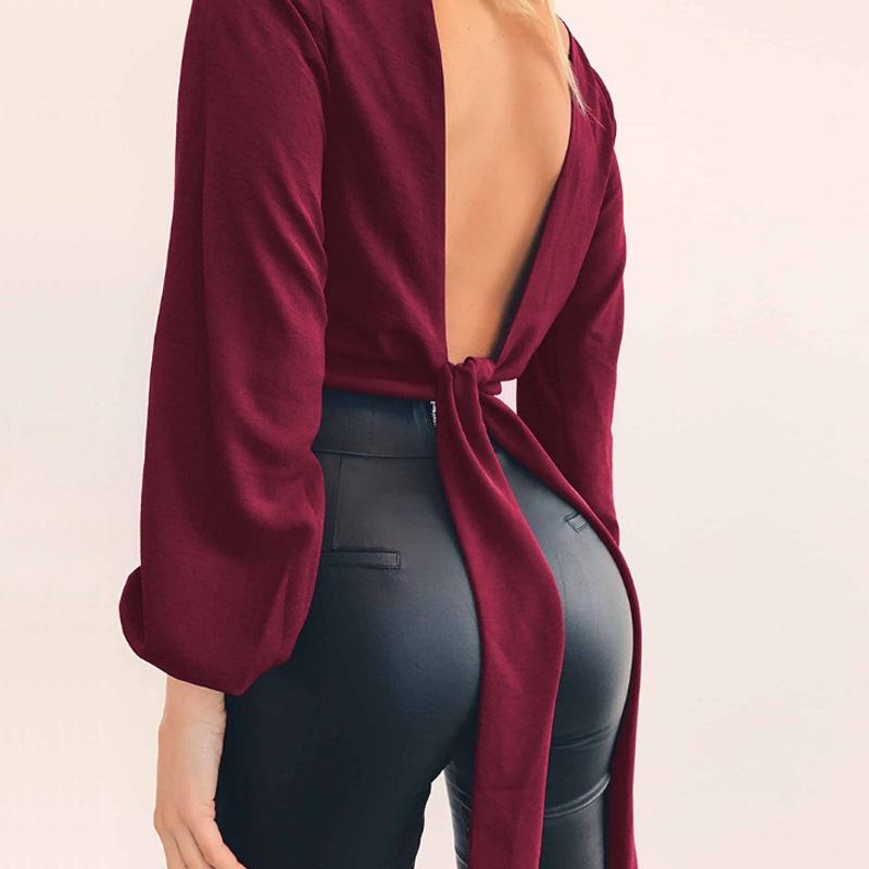 Color Women Solid Long Sleeves Backless Bandage Blouse Cross Loose Tops Bow