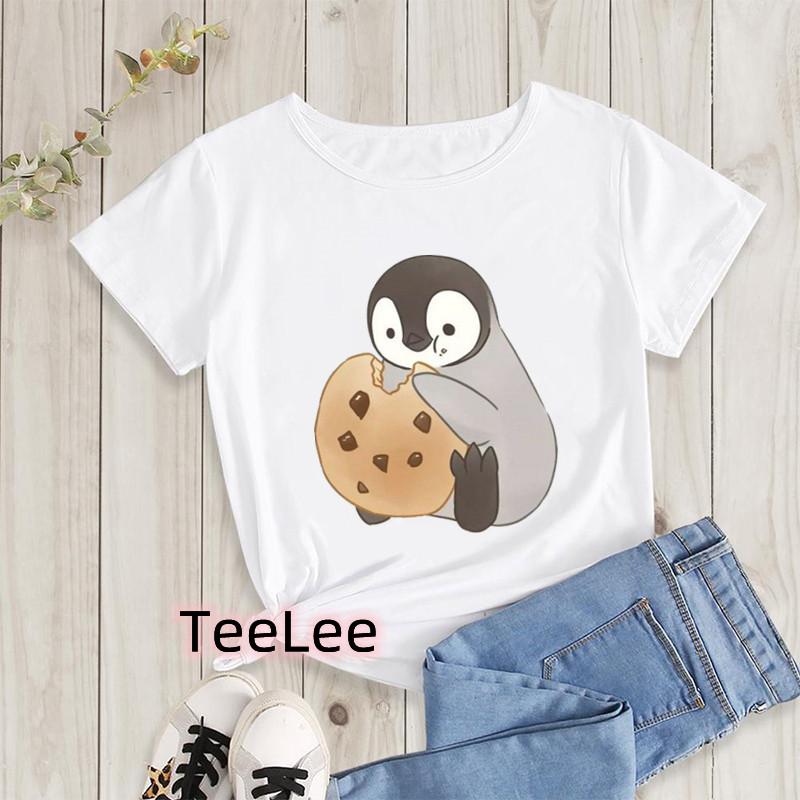 Kawaii Penguin Cookies Tshirts Cartoon Unisexs Tshirt Graphic Tshirts Ladies Youth Short Sleeve Cute Tshirts Female