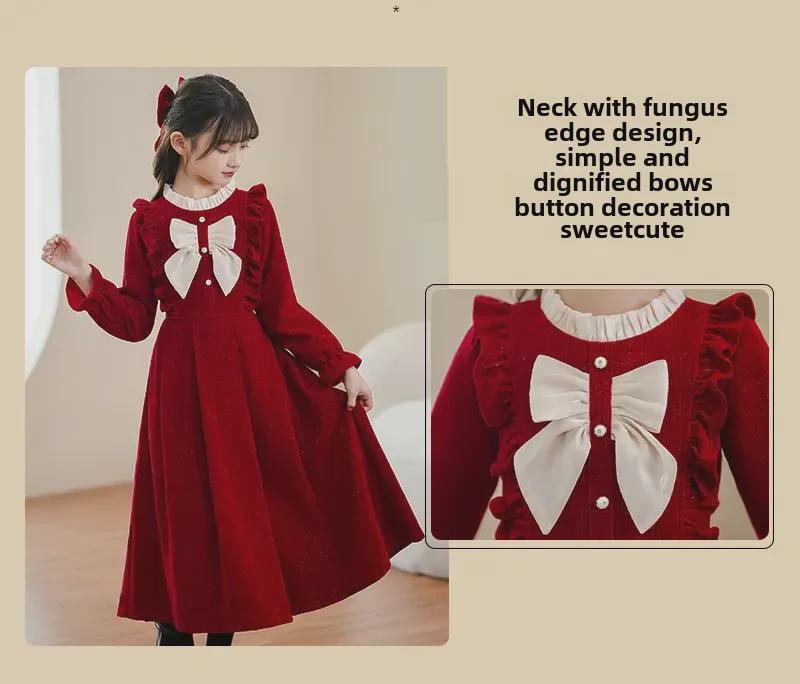Стильное длинное платье принцессы красного цвета для маленьких девочек - коллекция зима и осень