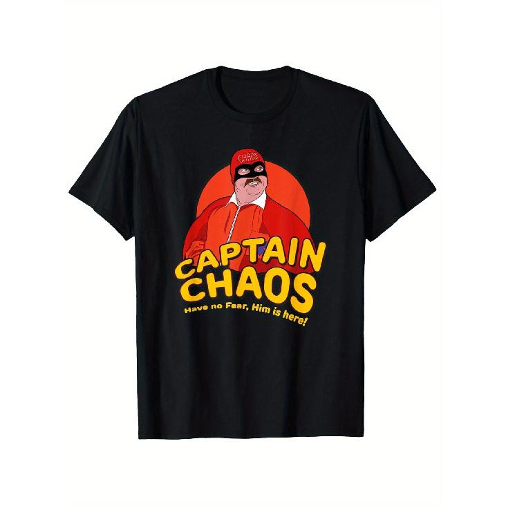 Men'S Captain Chaos Graphic T-Shirt - Have No Fear Him Is Here Slogan & Bold Yellow/Red Cartoon Design, Black with White Print, Regular Fit Short