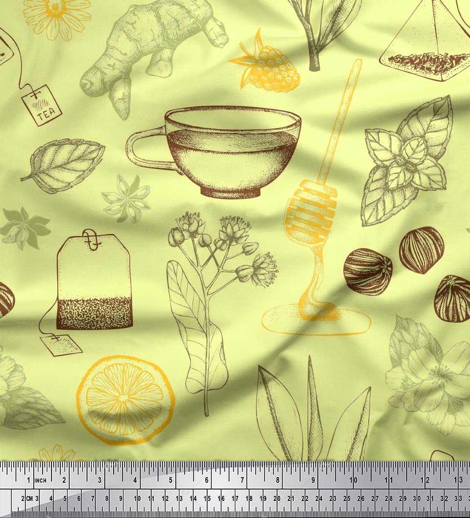 Soimoi Синяя чашка для чая из полиэфирной ткани | Звездчатый анис и ломтики лимона, растительная ткань с принтом в ярдах, 42 дюйма