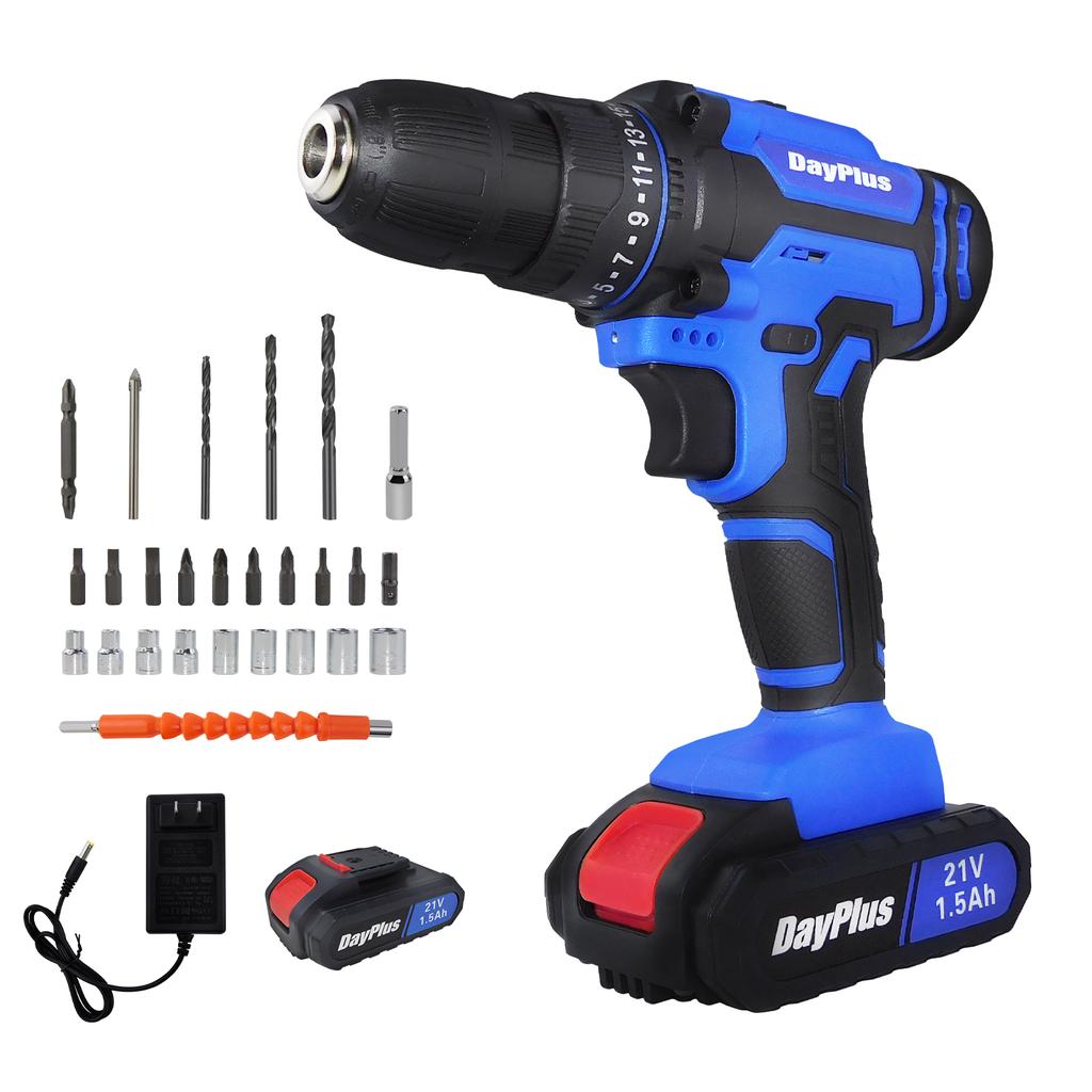 DayPlus 21V Cordless Drill Driver, Electric Drill Screwdriver with 1500mAh Battery, 45NM 2-Speed Combi Drill 25+1 Torque Setting