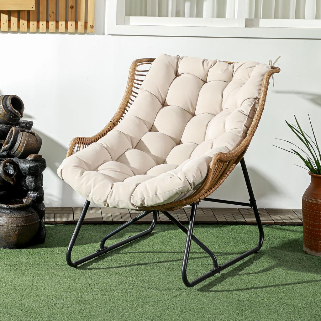 Garden Lounge, Rattan Look, Outdoor Armchair, with Cushion, Metal Frame, 75x101x90 cm, Natural/Khaki/Black