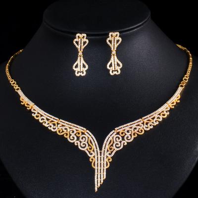 T0159 Изысканный комплект ювелирных изделий с гальваническим покрытием 18-каратным золотом с бриллиантами Свадебные аксессуары для невесты Набор колье и серег Цепочка