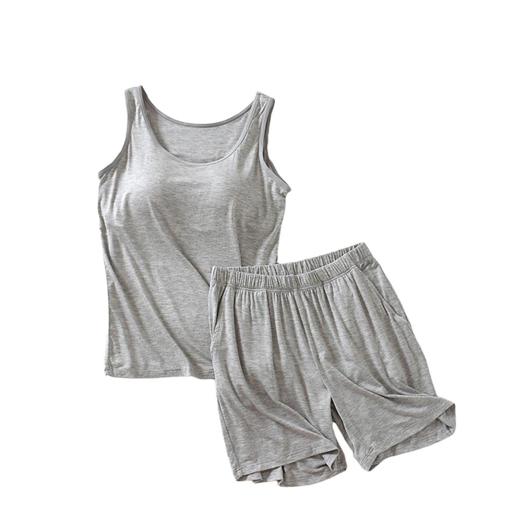 Women's Pajama Set With Chest Pad Solid Color Sleeveless Vest Short Split Pants Two Pieces
