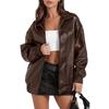 Women's Solid Color Long-sleeved Lapel Casual Loose Zipper Leather Jacket