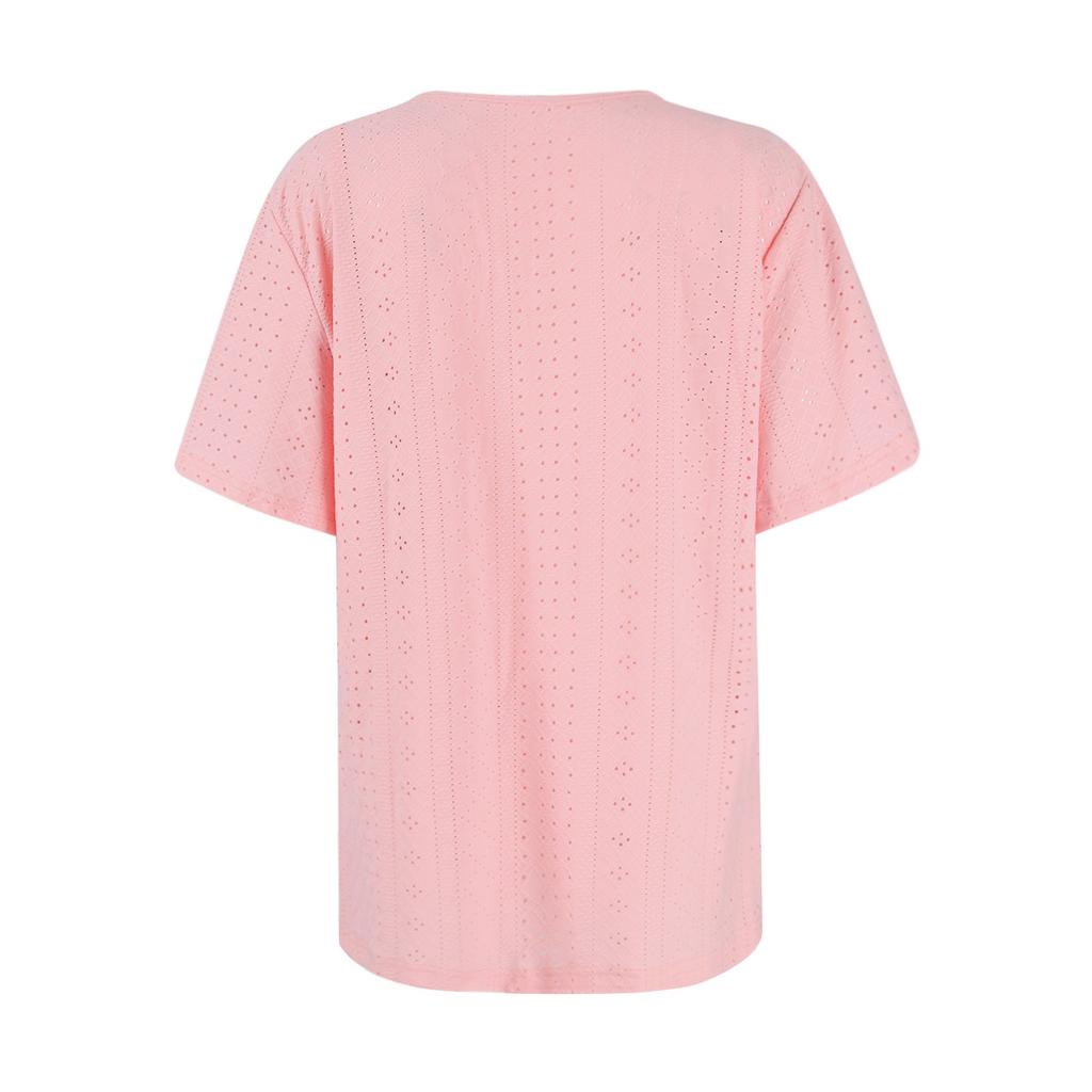 Women's T Shirt Tee Casual V-neck Short-sleeved T-shirt  Solid Button Top