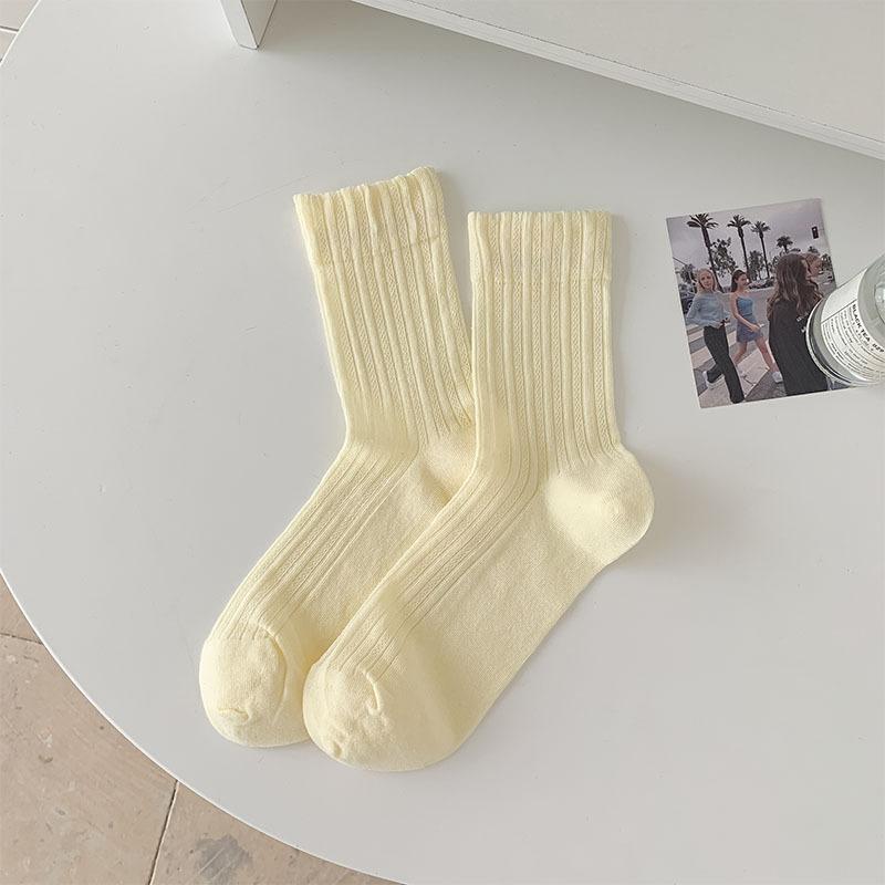 Женские носки в корейском стиле, летние, хлопковые, тонкие, дышащие, средней длины, однотонные, белые, серые, розовые, голубые, желтые, длинные носки, носки