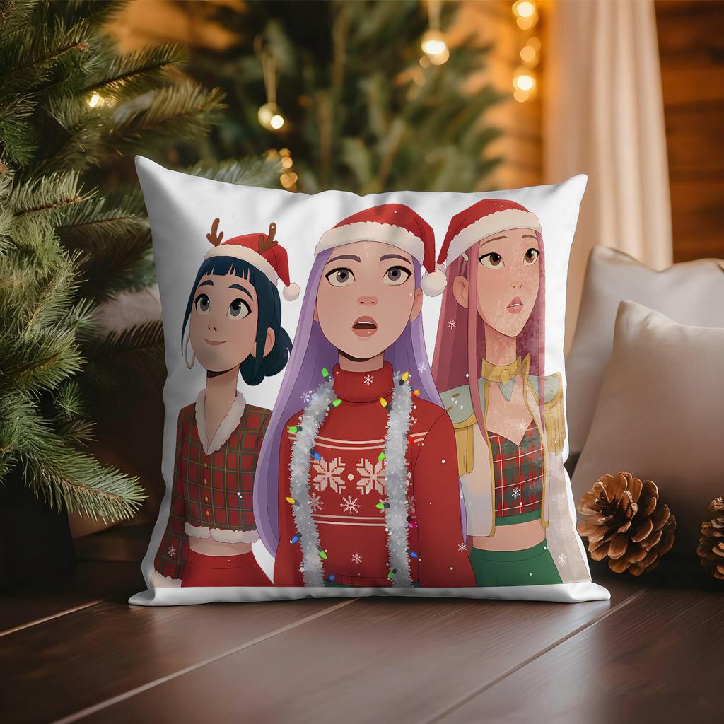 KPop Demon Hunters Blue Cat wearing Christmas Hat with Colorful Lights Christmas Pillowcase fashion Home Decoration