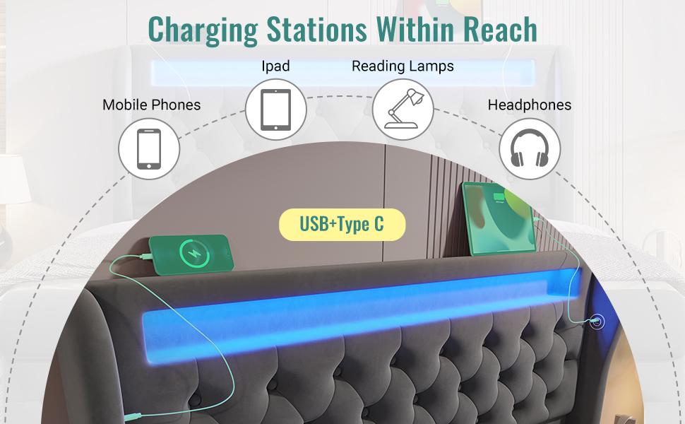 Upholstered Bed Double 140x200cm, with LED Lights, Storage Headboard with USB and Type-C Ports, Hydraulic Storage, Gray, Velvet (Without Mattress)
