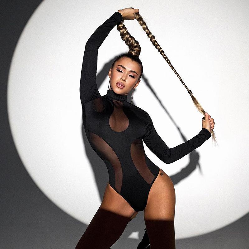 Y2K сексуальный сетчатый обтягивающий комбинезон с высокой талией и длинными рукавами для женщин весной и летом