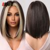Synthetic Bob Hair Wig with Bangs Ombre Platinum Blonde Cosplay Wigs for Women Short Heat Resistant Female Daily Lolita Wavy Wig