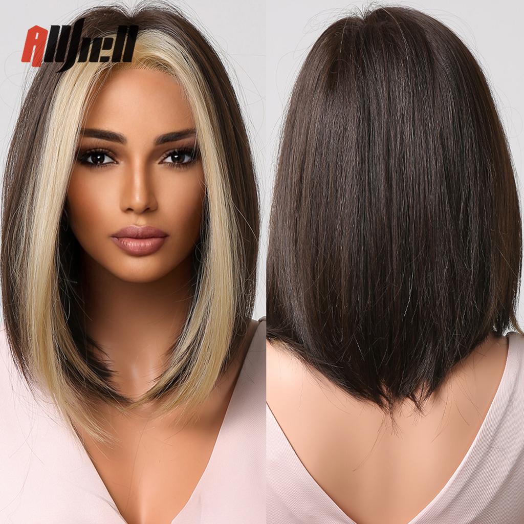 Synthetic Bob Hair Wig with Bangs Ombre Platinum Blonde Cosplay Wigs for Women Short Heat Resistant Female Daily Lolita Wavy Wig