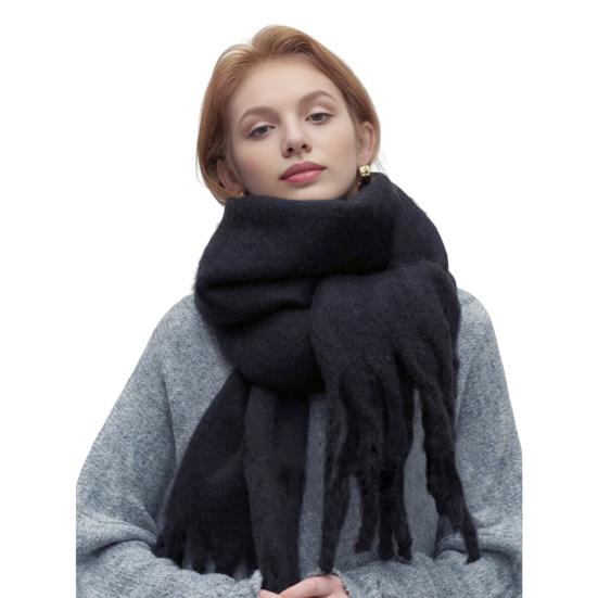 Women Scarf Solid Color Thickened Knitting Scarf with Tassel Decoration Versatile Design Warm Winter Scarf